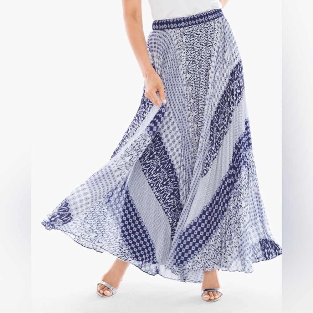 Chicos Size 1 Pleated Accordian Geo Print Maxi Skirt
